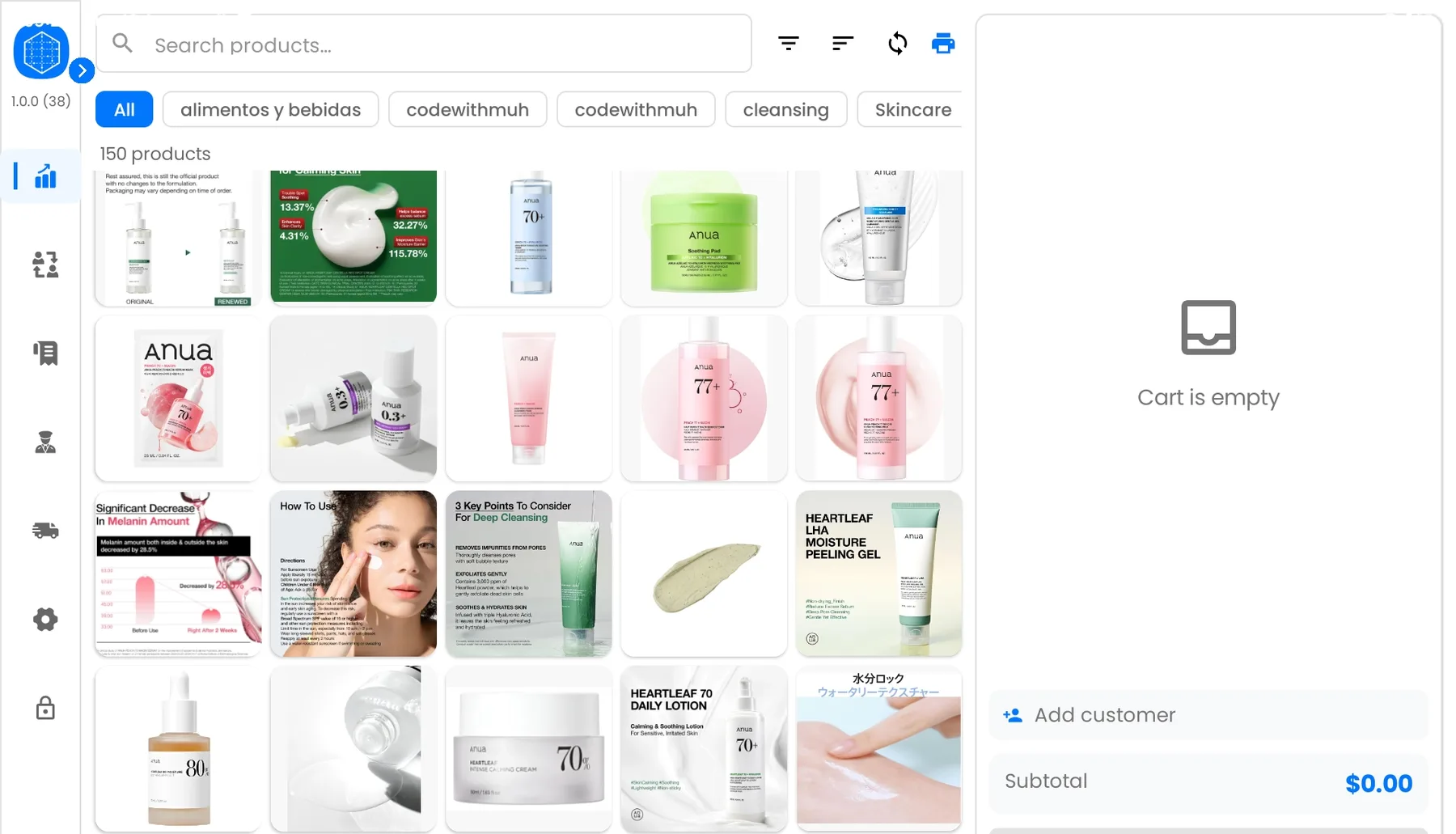 The LogistikaUrbana POS sales screen on an Android tablet — a searchable grid of 150 Korean skincare products with category filters, beside an order panel showing the cart, an add-customer action and the running subtotal