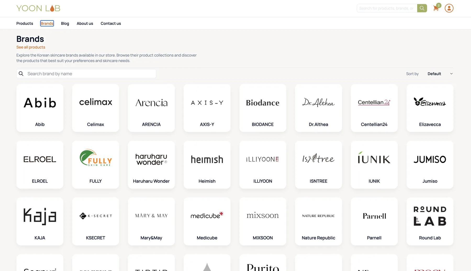 Yoon Lab brands directory showing more than thirty Korean skincare brands