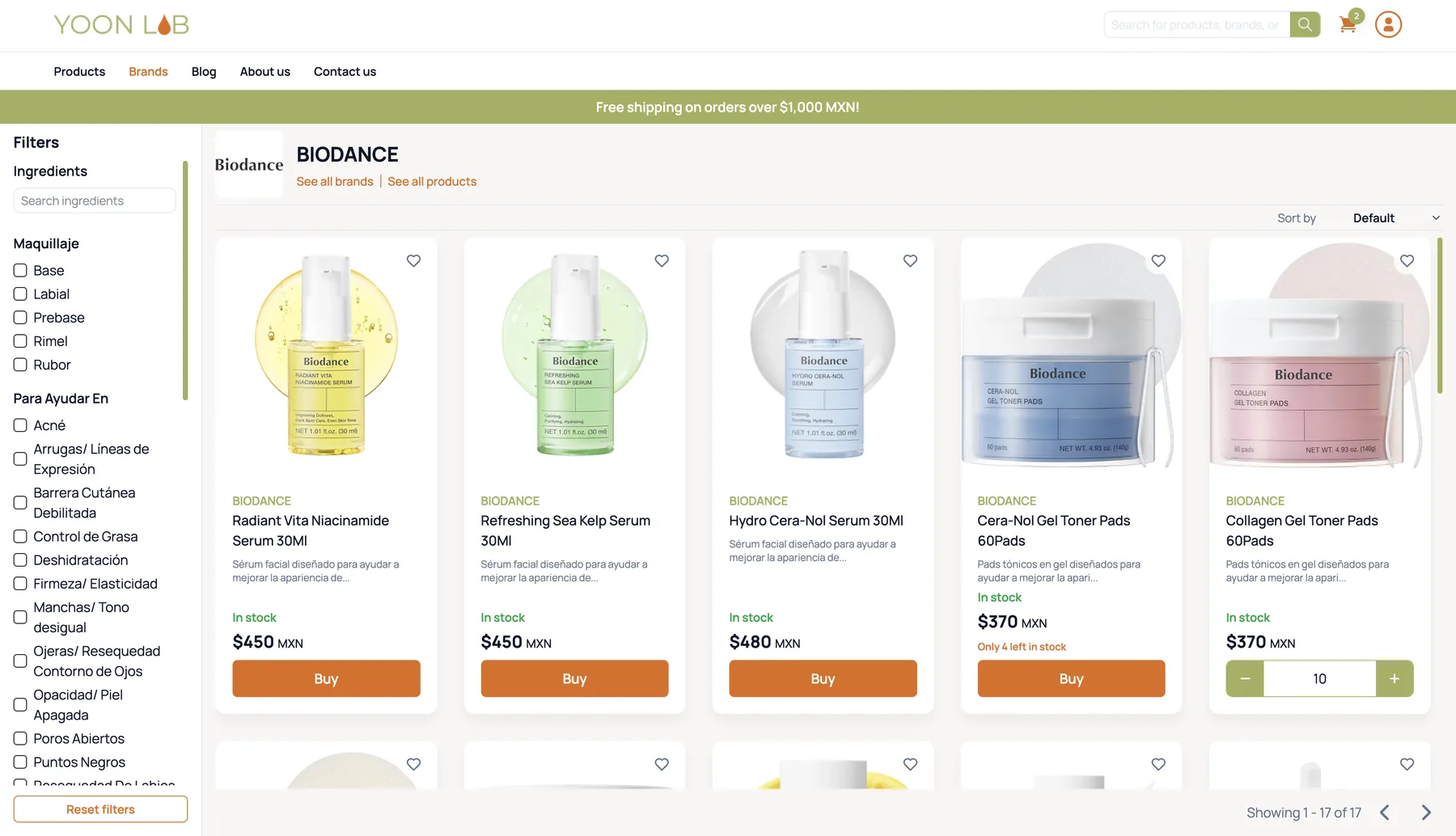 Yoon Lab brand page filtered by skin concern, showing live stock levels on each product