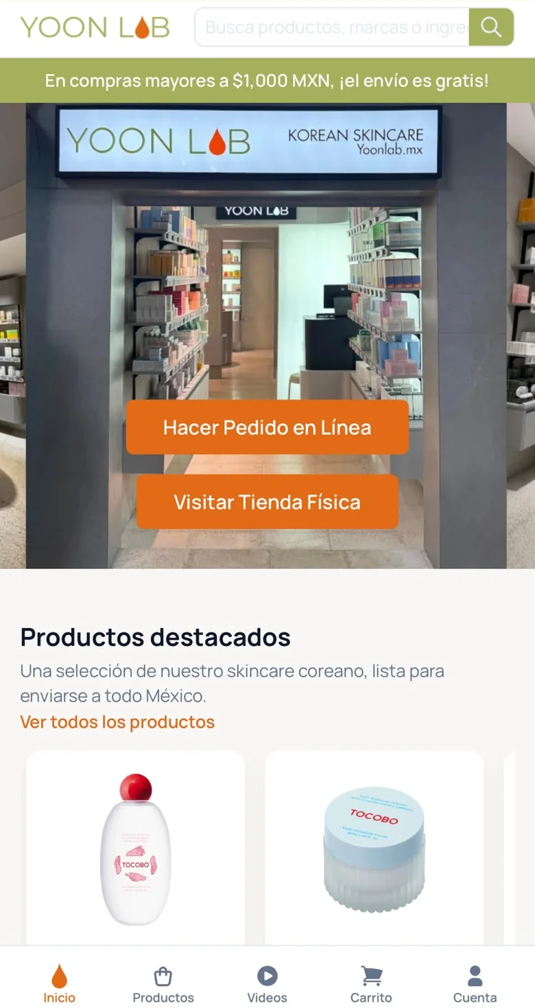 Yoon Lab mobile home screen in Spanish, showing the physical store, online ordering and featured products