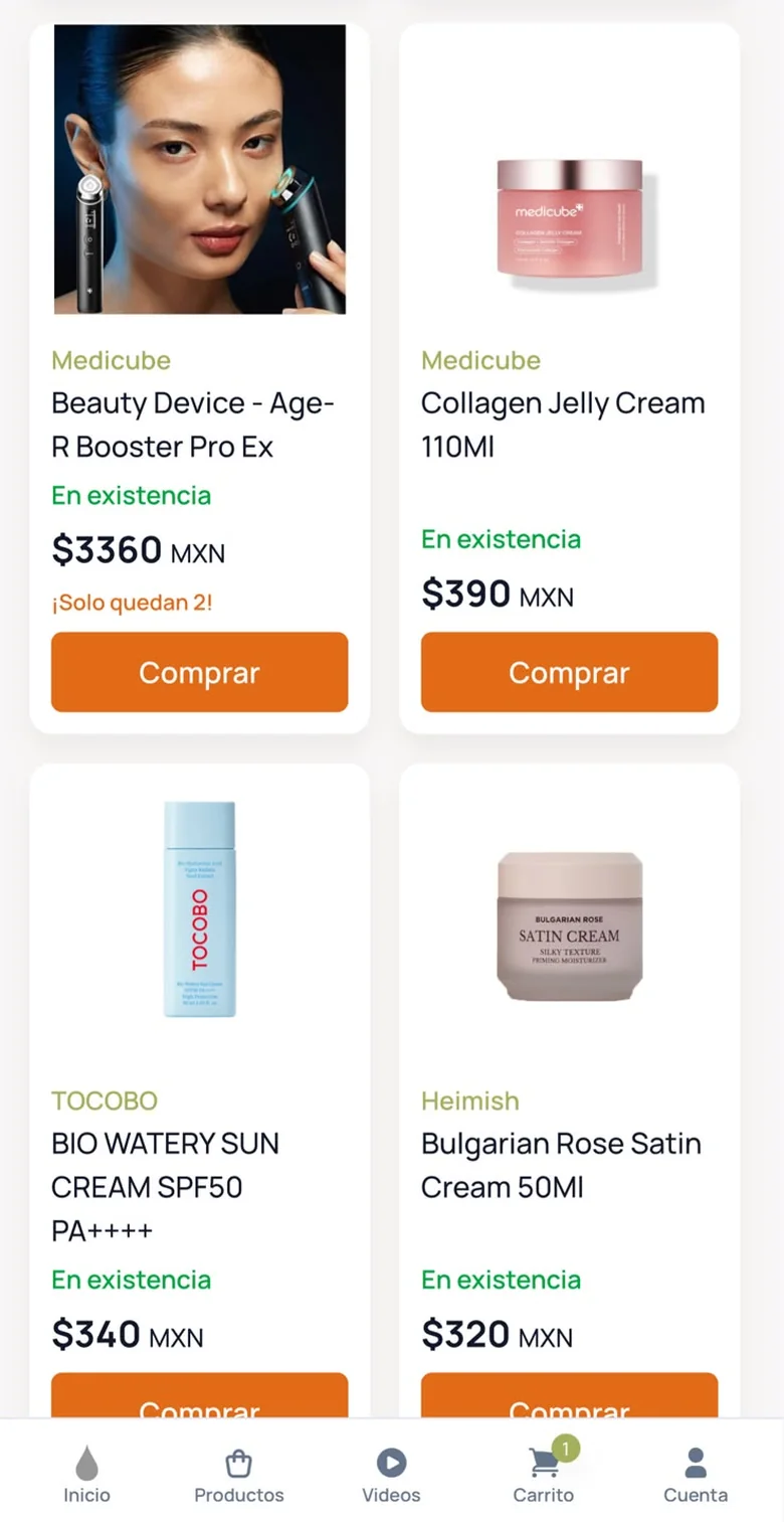 Yoon Lab product catalogue on mobile in Spanish, showing MXN pricing, En existencia stock state and a low-stock warning