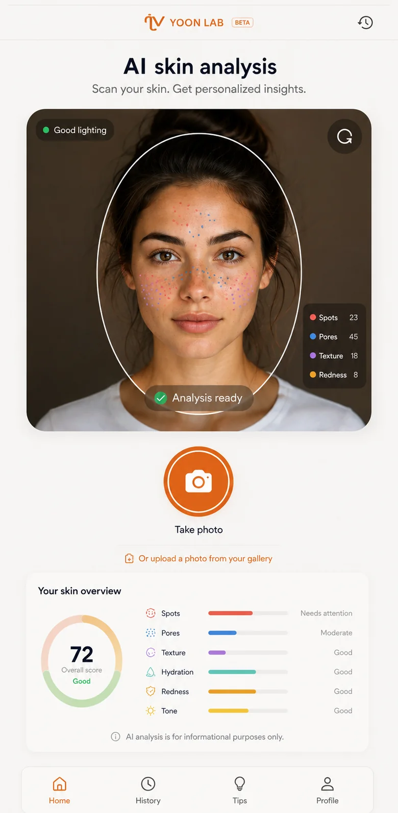 Design concept for the Yoon Lab AI skin analysis screen, showing a guided face scan and a skin overview scored by spots, pores, texture, hydration, redness and tone
