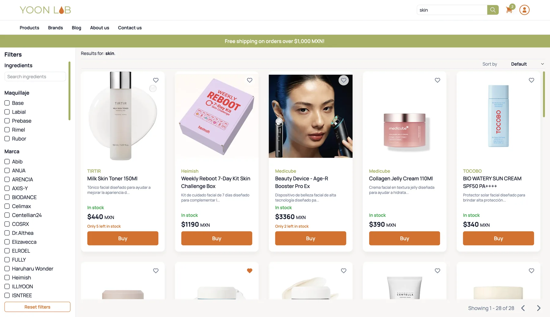 Yoon Lab search results filtered by ingredient and brand across the product catalogue