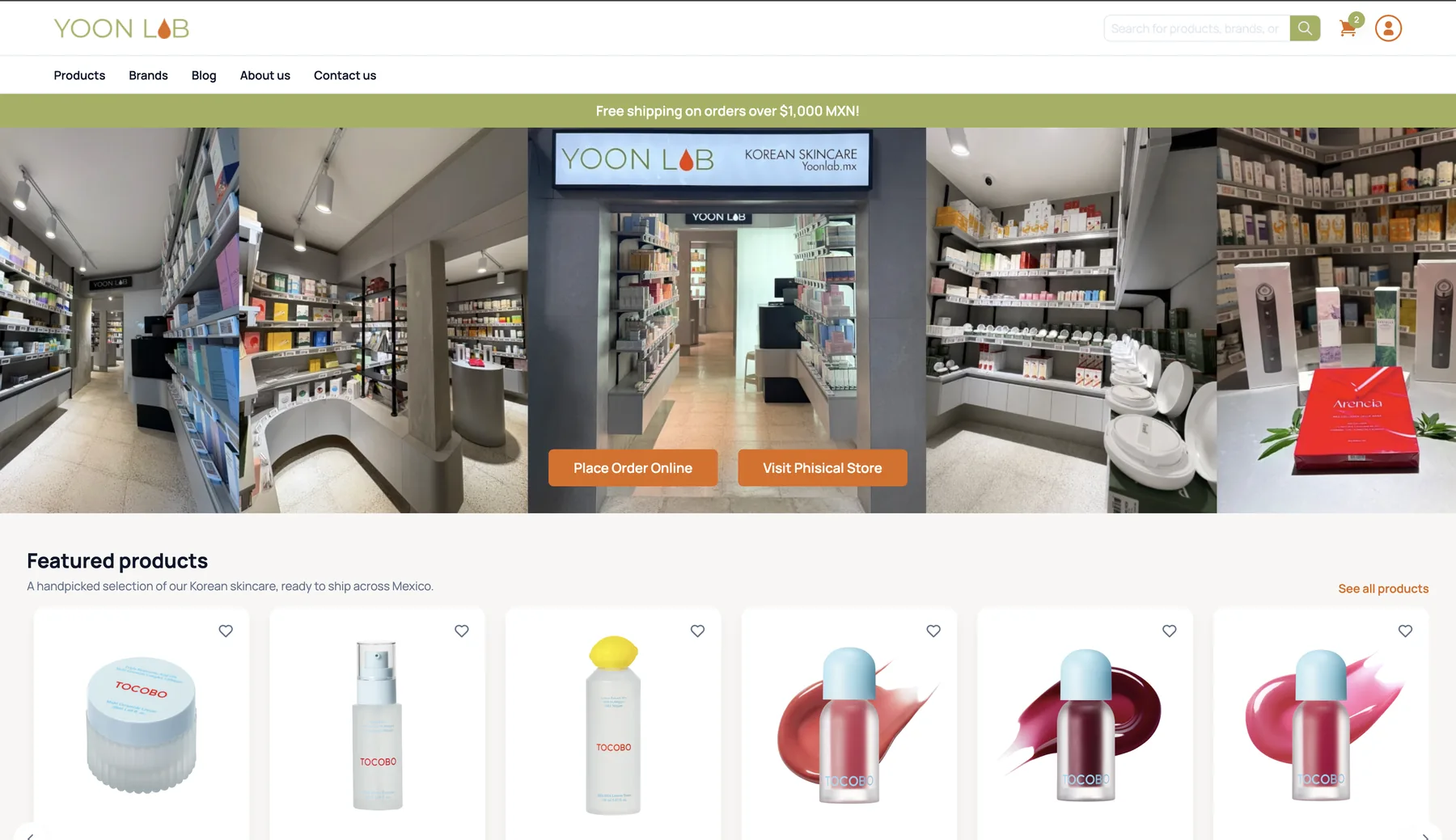 Yoon Lab homepage showing the physical store, online ordering and featured Korean skincare products